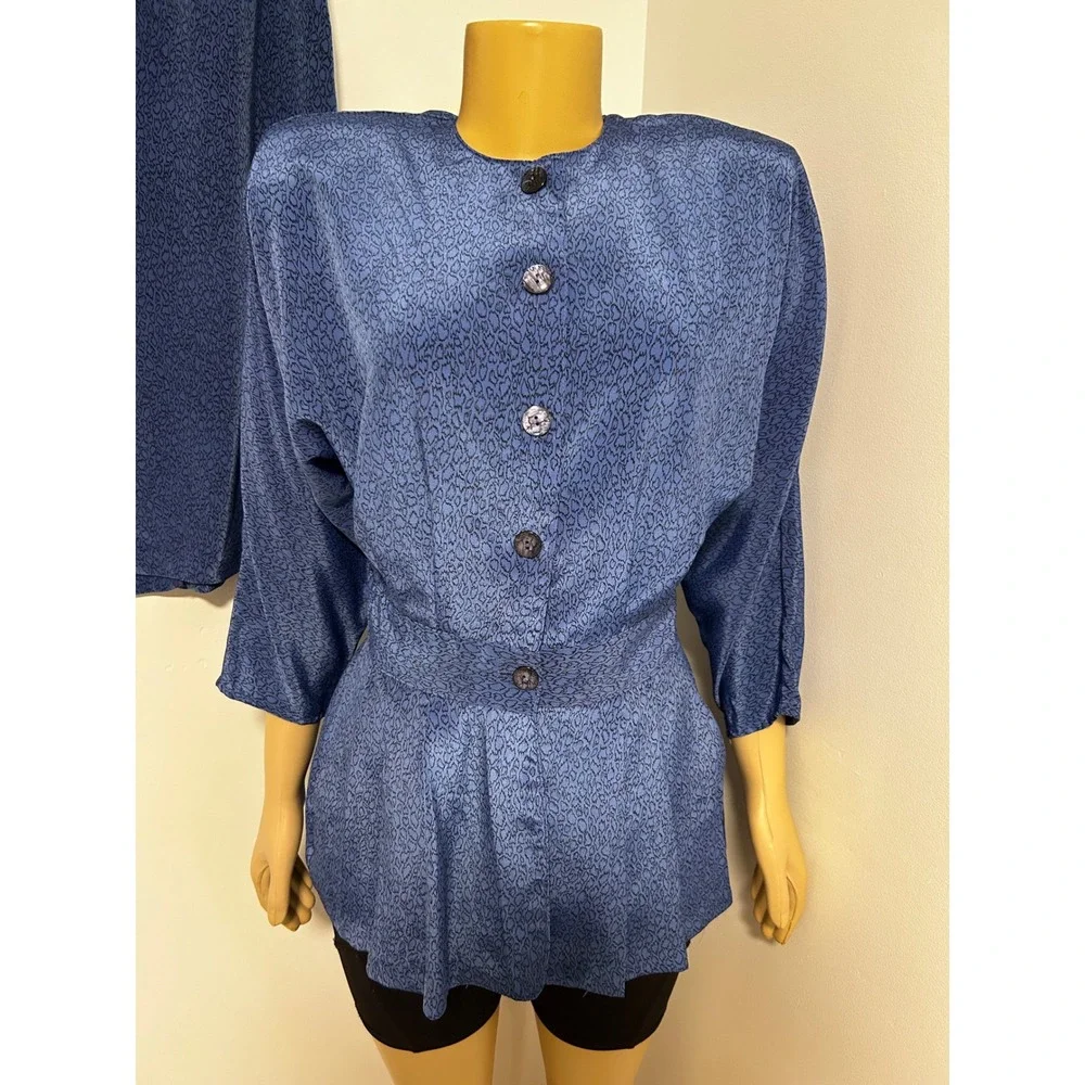 Vintage Laine USA Blue Jacquard Peplum Blouse and Midi Skirt Set 10